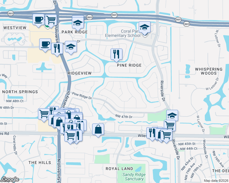 map of restaurants, bars, coffee shops, grocery stores, and more near 8663 Northwest 50th Drive in Coral Springs