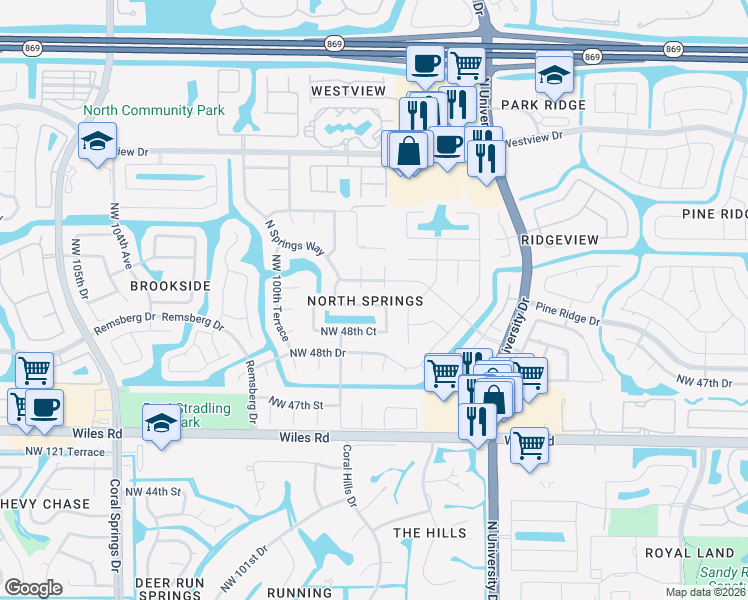 map of restaurants, bars, coffee shops, grocery stores, and more near 9825 Northwest 49th Place in Coral Springs