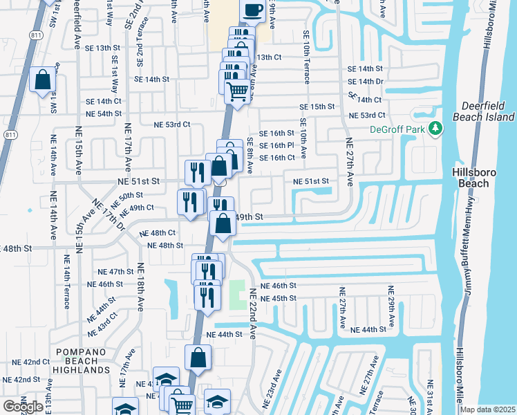 map of restaurants, bars, coffee shops, grocery stores, and more near 2301 Northeast 49th Street in Lighthouse Point