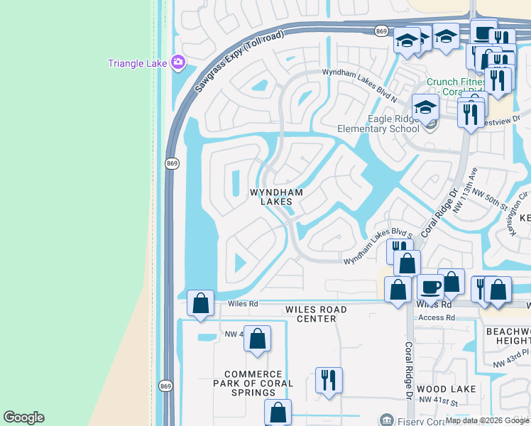 map of restaurants, bars, coffee shops, grocery stores, and more near 12219 Northwest 49th Street in Coral Springs