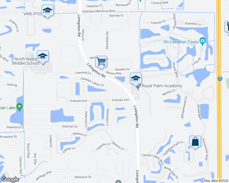 map of restaurants, bars, coffee shops, grocery stores, and more near 16145 Caldera Lane in Naples