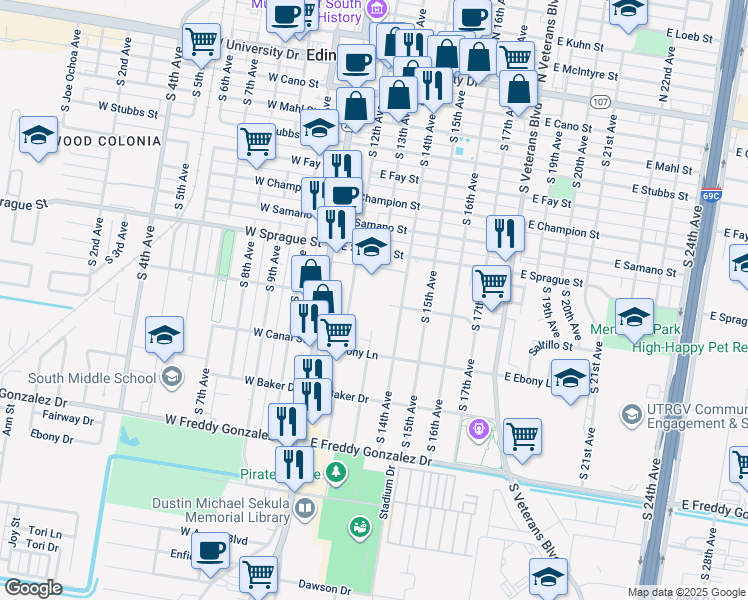map of restaurants, bars, coffee shops, grocery stores, and more near 223 Park Street in Edinburg
