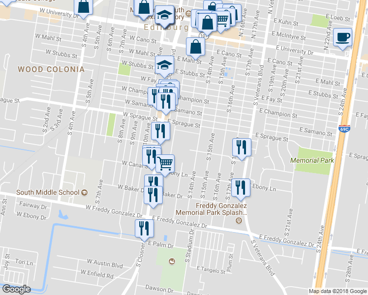 map of restaurants, bars, coffee shops, grocery stores, and more near 223 Park Street in Edinburg
