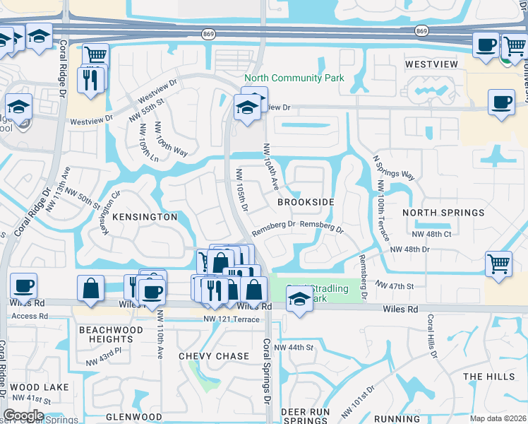 map of restaurants, bars, coffee shops, grocery stores, and more near 4966 Northwest 104th Way in Coral Springs