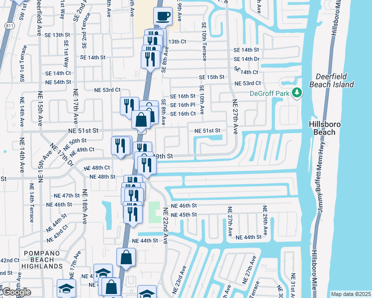map of restaurants, bars, coffee shops, grocery stores, and more near 2371 Northeast 49th Street in Lighthouse Point
