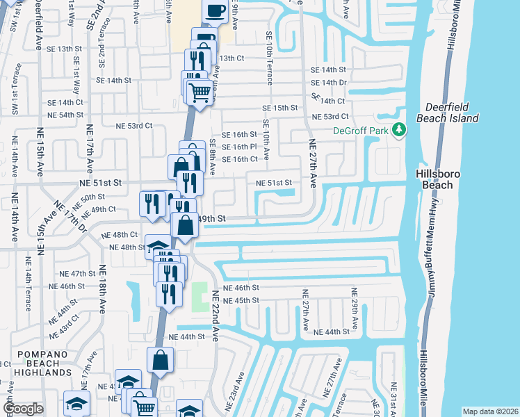 map of restaurants, bars, coffee shops, grocery stores, and more near 4911 Northeast 25th Avenue in Lighthouse Point
