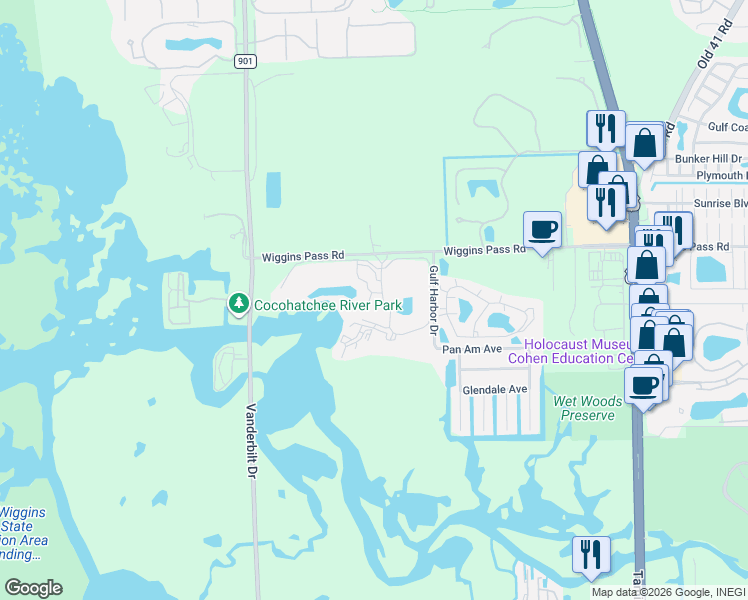 map of restaurants, bars, coffee shops, grocery stores, and more near 522 Club Side Drive in Naples