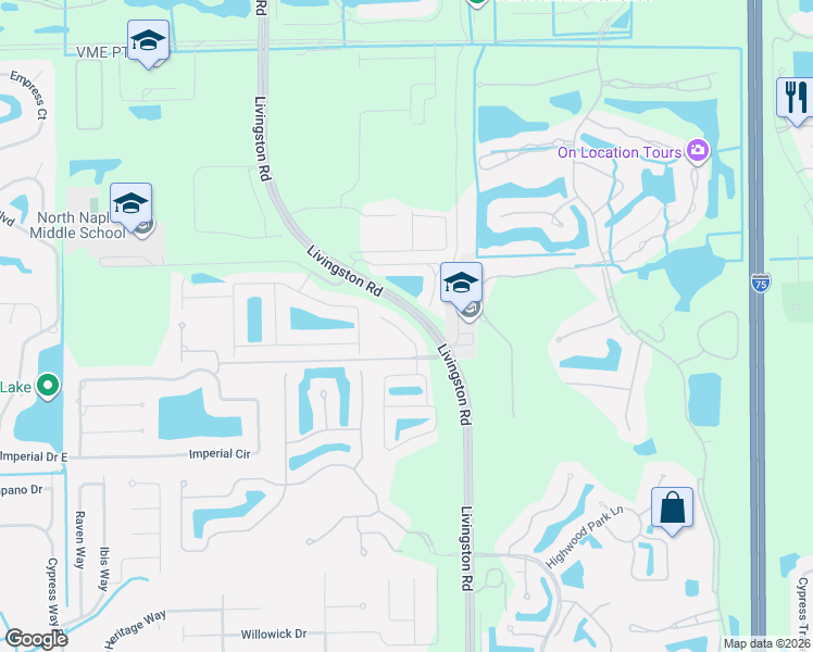 map of restaurants, bars, coffee shops, grocery stores, and more near 16044 Caldera Lane in Naples