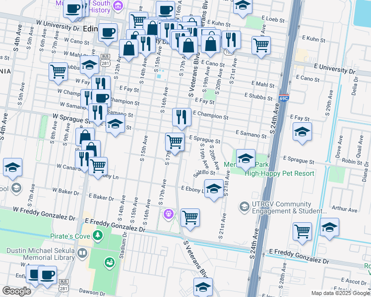 map of restaurants, bars, coffee shops, grocery stores, and more near 900 South Veterans Boulevard in Edinburg