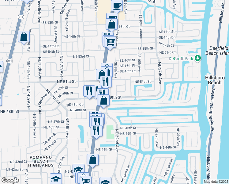 map of restaurants, bars, coffee shops, grocery stores, and more near 2301 Northeast 49th Street in Lighthouse Point