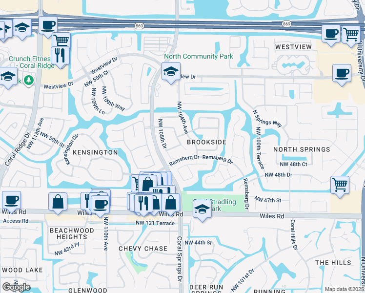 map of restaurants, bars, coffee shops, grocery stores, and more near 4966 Northwest 104th Way in Coral Springs