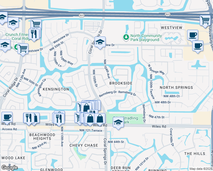 map of restaurants, bars, coffee shops, grocery stores, and more near 4966 Northwest 104th Way in Coral Springs