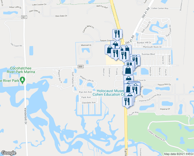 map of restaurants, bars, coffee shops, grocery stores, and more near 744 Wiggins Lake Drive in Naples
