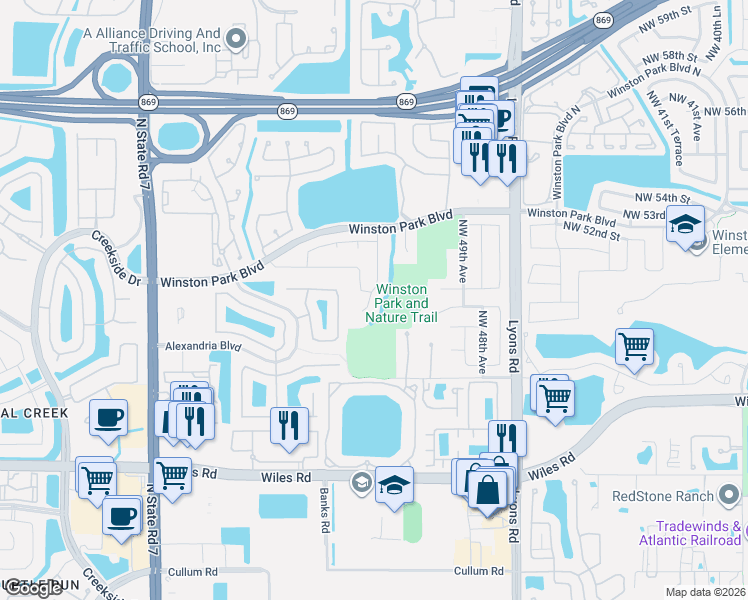 map of restaurants, bars, coffee shops, grocery stores, and more near 5058 Northwest 51st Avenue in Coconut Creek