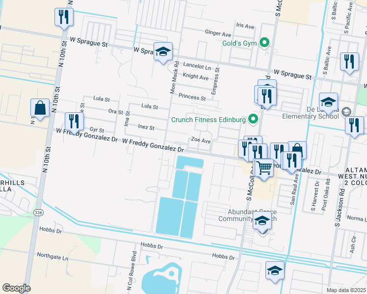 map of restaurants, bars, coffee shops, grocery stores, and more near 3420 South Midtown Circle Street in Edinburg