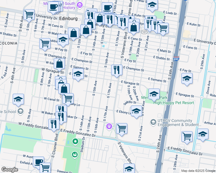 map of restaurants, bars, coffee shops, grocery stores, and more near 823 South 17th Avenue in Edinburg