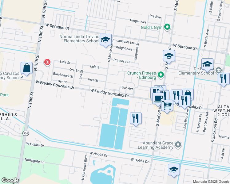 map of restaurants, bars, coffee shops, grocery stores, and more near 3432 Midtown Circle in Edinburg