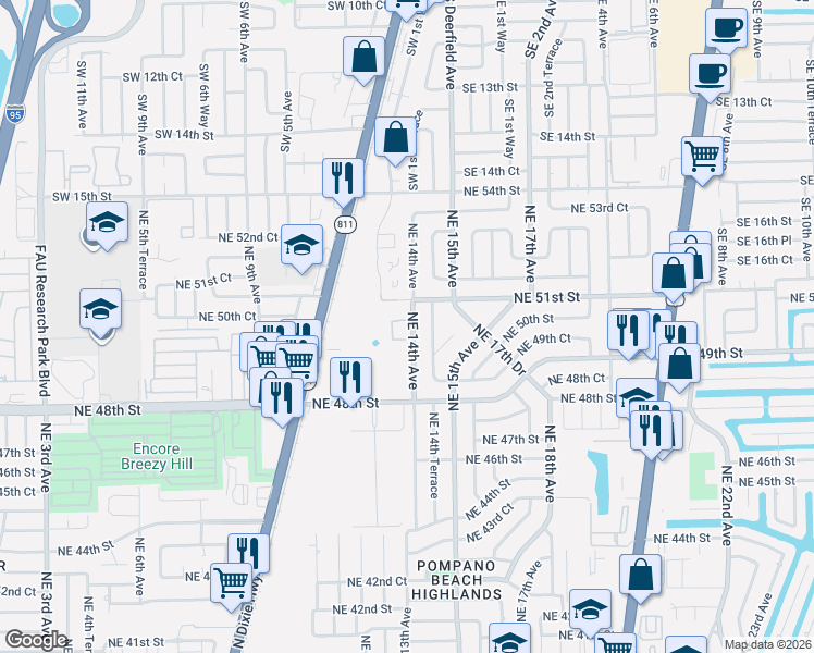 map of restaurants, bars, coffee shops, grocery stores, and more near 4987 Northeast 14th Avenue in Pompano Beach