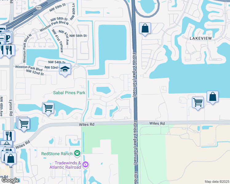 map of restaurants, bars, coffee shops, grocery stores, and more near 3723 Woodfield Drive in Coconut Creek