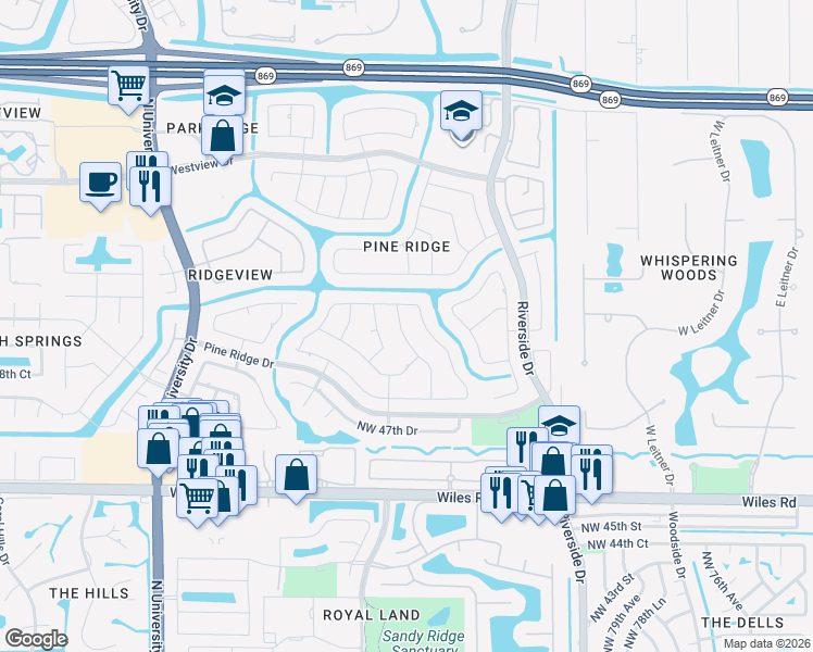 map of restaurants, bars, coffee shops, grocery stores, and more near 5150 Northwest 85th Road in Coral Springs