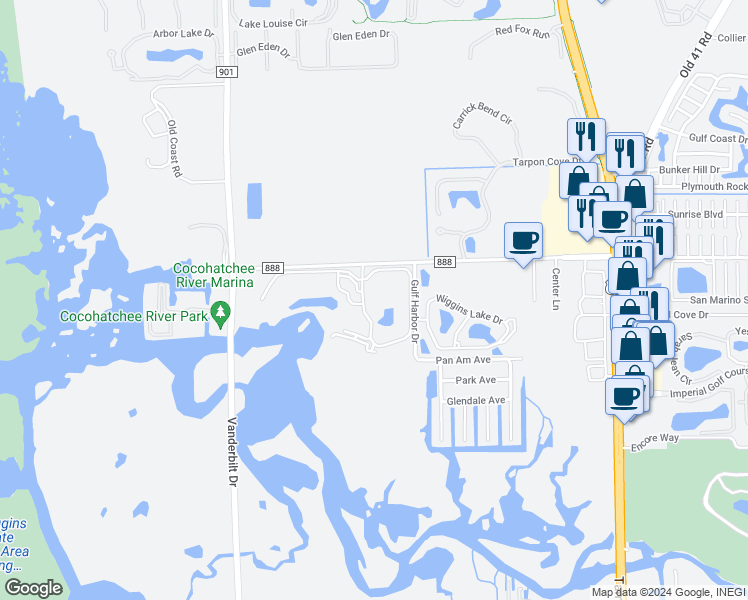 map of restaurants, bars, coffee shops, grocery stores, and more near 520 Wiggins Bay Drive in Naples
