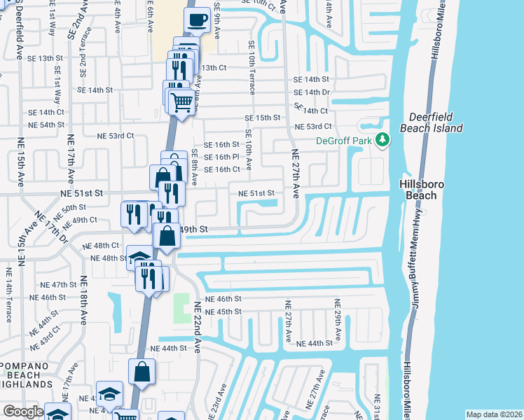 map of restaurants, bars, coffee shops, grocery stores, and more near 2581 Northeast 50th Street in Lighthouse Point