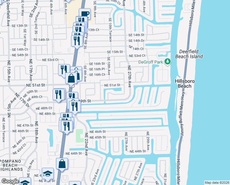 map of restaurants, bars, coffee shops, grocery stores, and more near 2581 Northeast 50th Street in Lighthouse Point