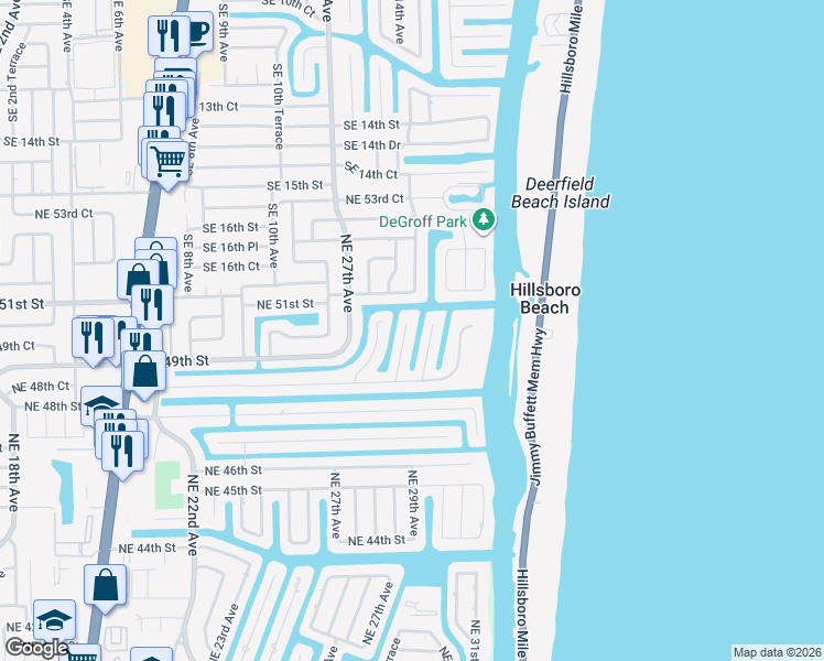 map of restaurants, bars, coffee shops, grocery stores, and more near 4951 Northeast 29th Avenue in Lighthouse Point