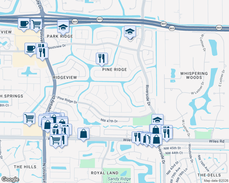 map of restaurants, bars, coffee shops, grocery stores, and more near 5150 Northwest 85th Road in Coral Springs