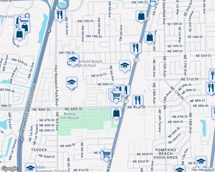 map of restaurants, bars, coffee shops, grocery stores, and more near 830 Northeast 51st Street in Pompano Beach