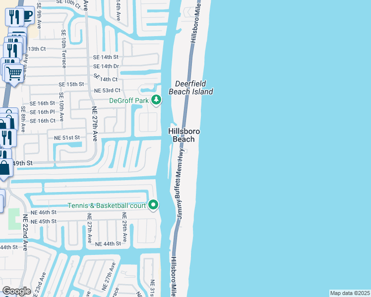 map of restaurants, bars, coffee shops, grocery stores, and more near in Hillsboro Beach