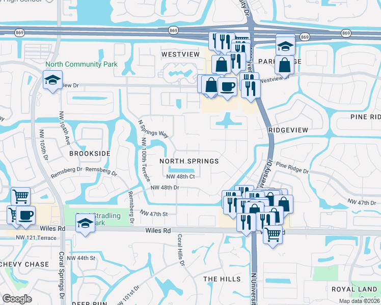 map of restaurants, bars, coffee shops, grocery stores, and more near 5079 Northwest 98th Lane in Coral Springs