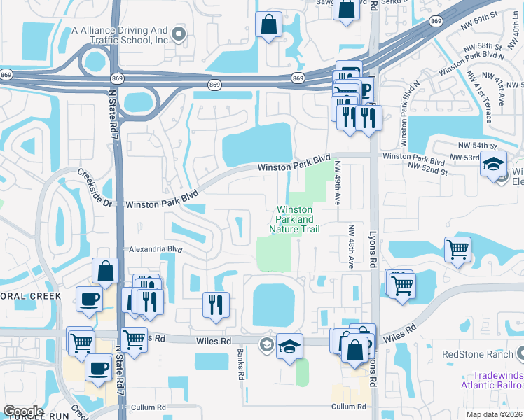 map of restaurants, bars, coffee shops, grocery stores, and more near 5117 Northwest 51st Terrace in Coconut Creek