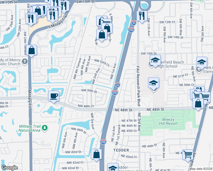 map of restaurants, bars, coffee shops, grocery stores, and more near 110 Northwest 51st Court in Pompano Beach