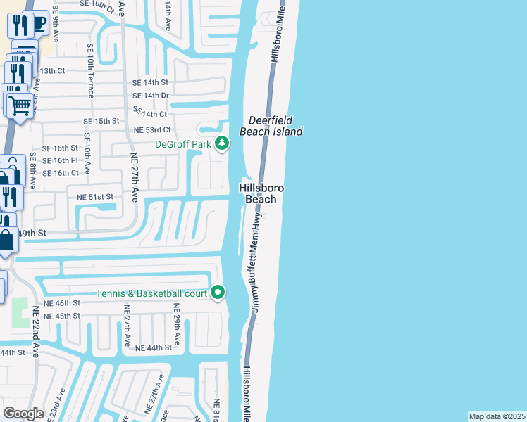 map of restaurants, bars, coffee shops, grocery stores, and more near in Hillsboro Beach