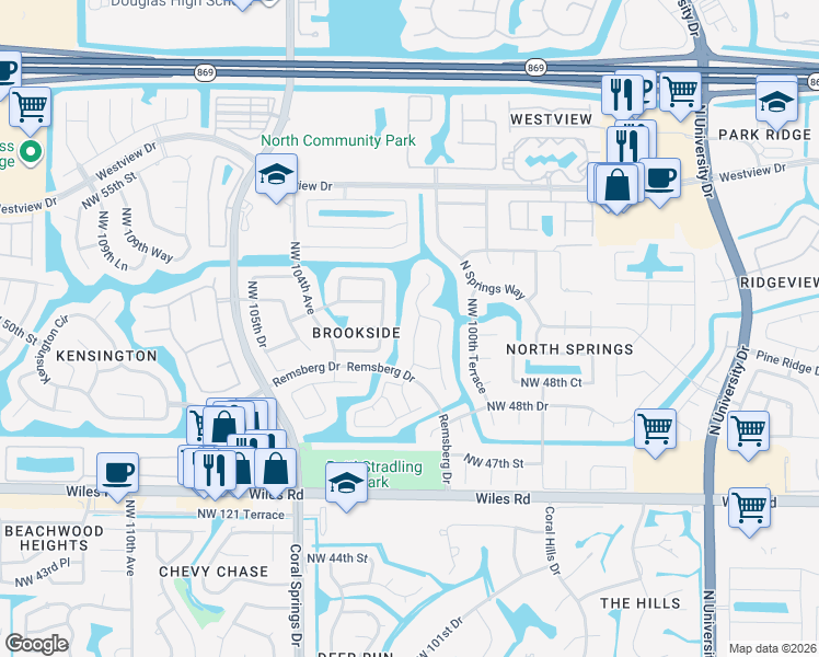 map of restaurants, bars, coffee shops, grocery stores, and more near 5008 Northwest 102nd Drive in Coral Springs