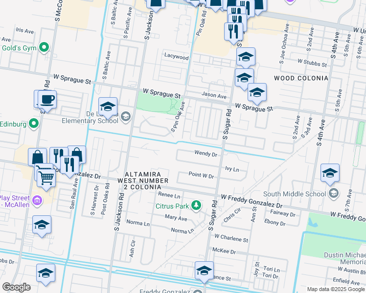 map of restaurants, bars, coffee shops, grocery stores, and more near 1025 Hill Country Road in Edinburg