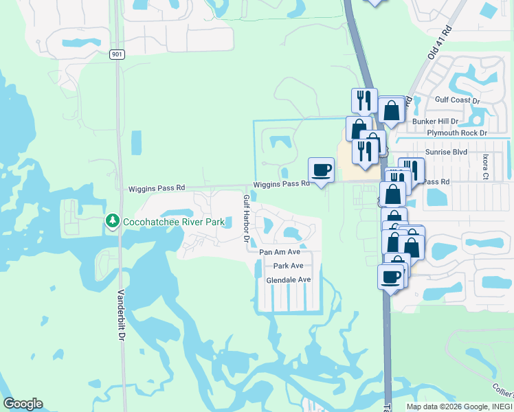 map of restaurants, bars, coffee shops, grocery stores, and more near 649 Wiggins Lake Drive in Naples
