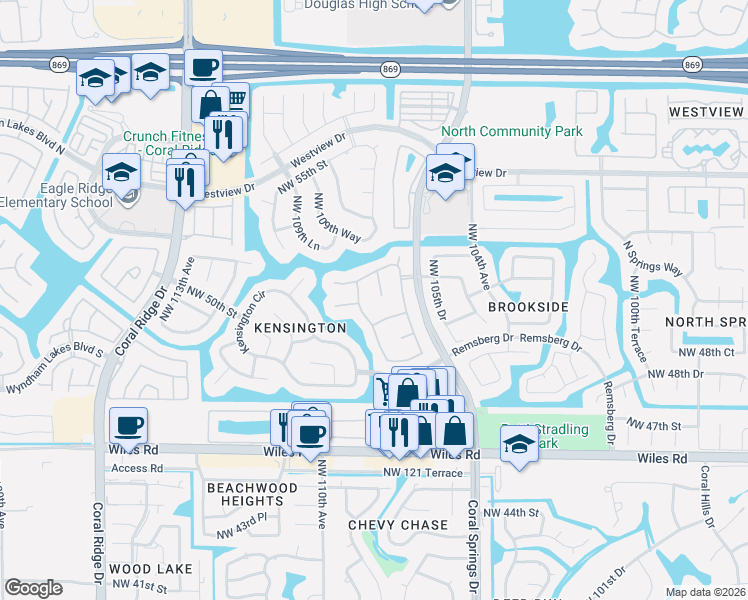 map of restaurants, bars, coffee shops, grocery stores, and more near 5021 Northwest 107th Avenue in Coral Springs