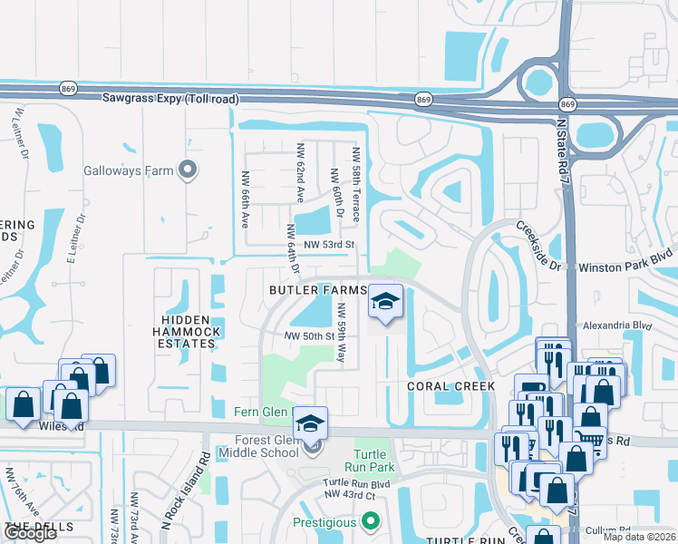 map of restaurants, bars, coffee shops, grocery stores, and more near 5915 Northwest 52nd Street in Coral Springs