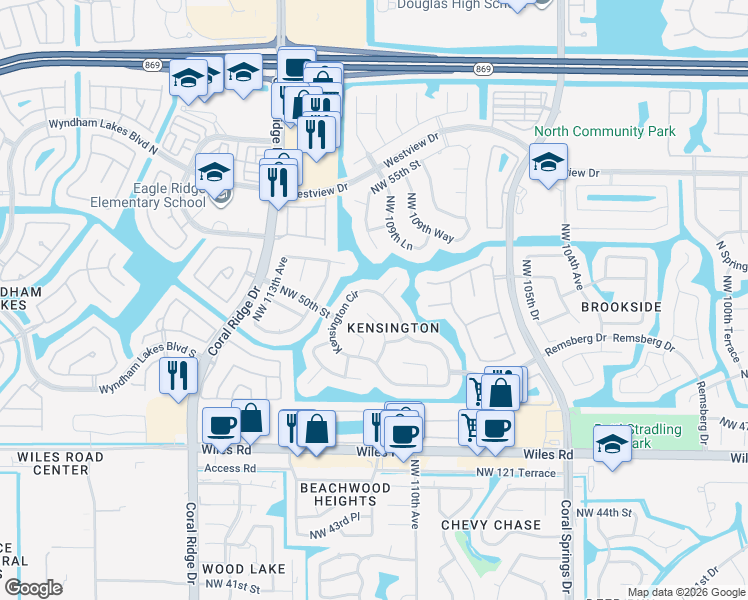 map of restaurants, bars, coffee shops, grocery stores, and more near 5055 Kensington Circle in Coral Springs