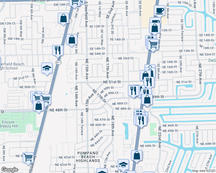 map of restaurants, bars, coffee shops, grocery stores, and more near 1714 Northeast 51st Street in Pompano Beach