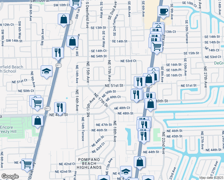 map of restaurants, bars, coffee shops, grocery stores, and more near 1801 Northeast 50th Street in Pompano Beach