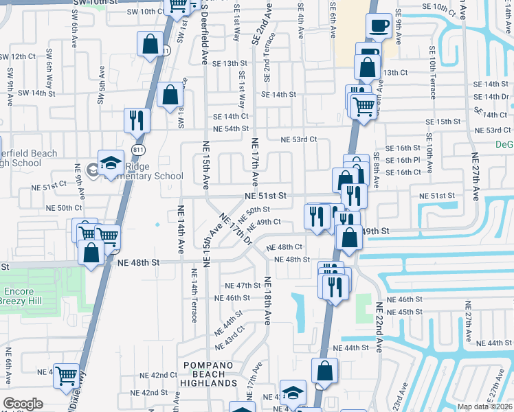 map of restaurants, bars, coffee shops, grocery stores, and more near 1714 Northeast 51st Street in Pompano Beach
