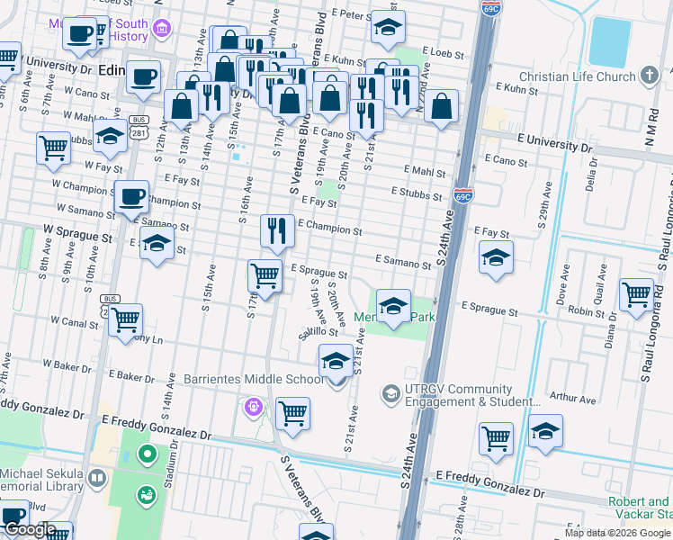 map of restaurants, bars, coffee shops, grocery stores, and more near 921 East Sprague Street in Edinburg