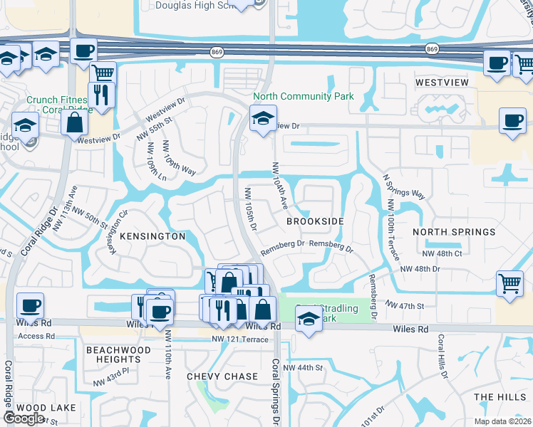 map of restaurants, bars, coffee shops, grocery stores, and more near 5005 Northwest 104th Way in Coral Springs