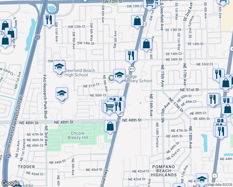 map of restaurants, bars, coffee shops, grocery stores, and more near 920 Northeast 51st Street in Pompano Beach