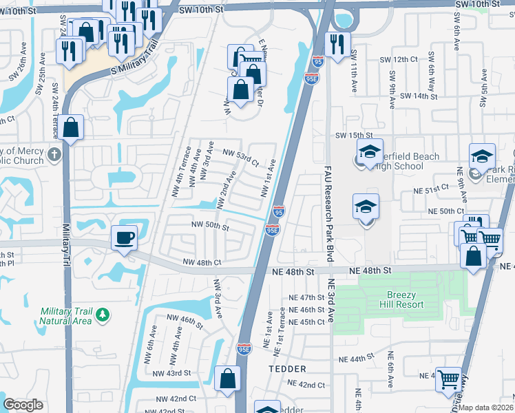 map of restaurants, bars, coffee shops, grocery stores, and more near 110 Northwest 51st Court in Pompano Beach