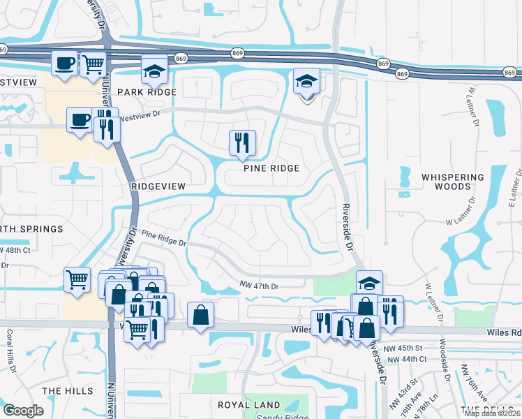 map of restaurants, bars, coffee shops, grocery stores, and more near 5150 Northwest 85th Road in Coral Springs