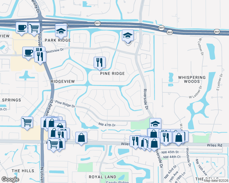 map of restaurants, bars, coffee shops, grocery stores, and more near 5199 Northwest 84th Road in Coral Springs